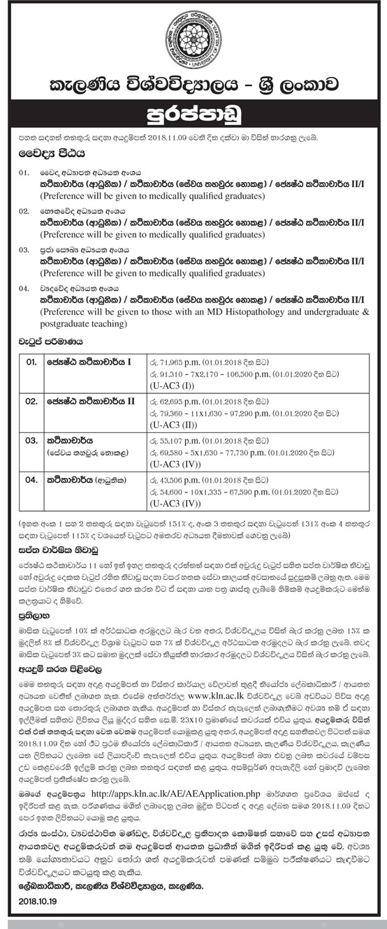 Lecturer, Senior Lecturer - University of Kelaniya